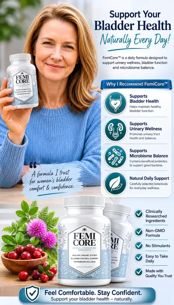 FemiCore dietary supplement bottle for bladder and urinary health support
